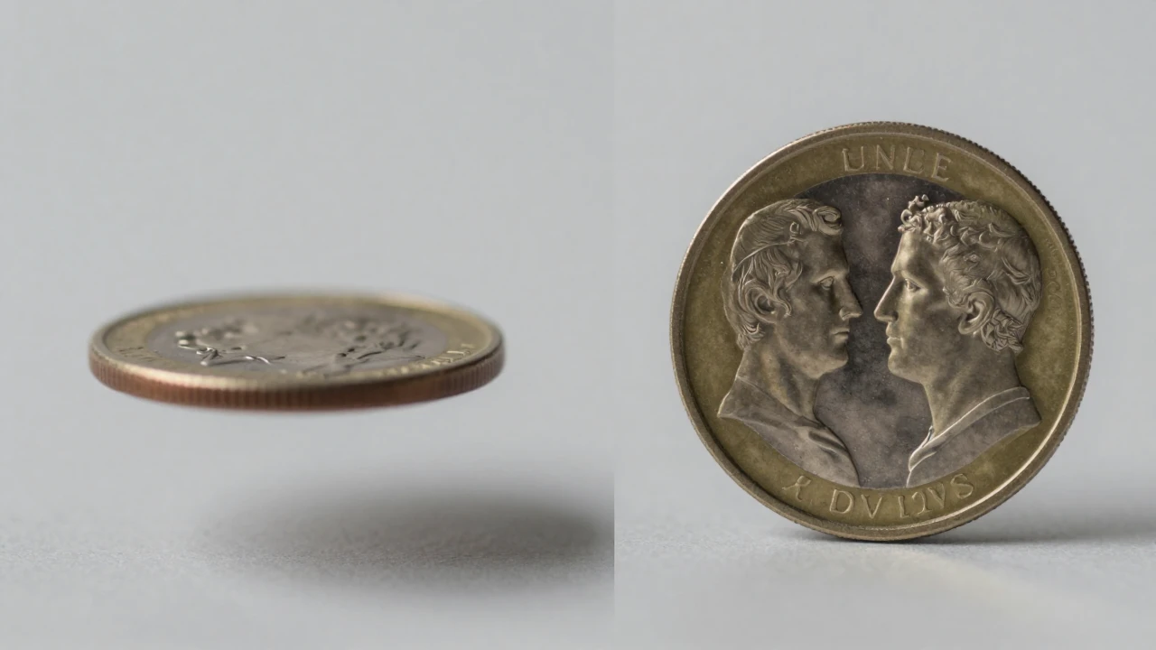 Una moneda girando muestra simultáneamente cara y cruz, ilustrando la superposición cuántica.