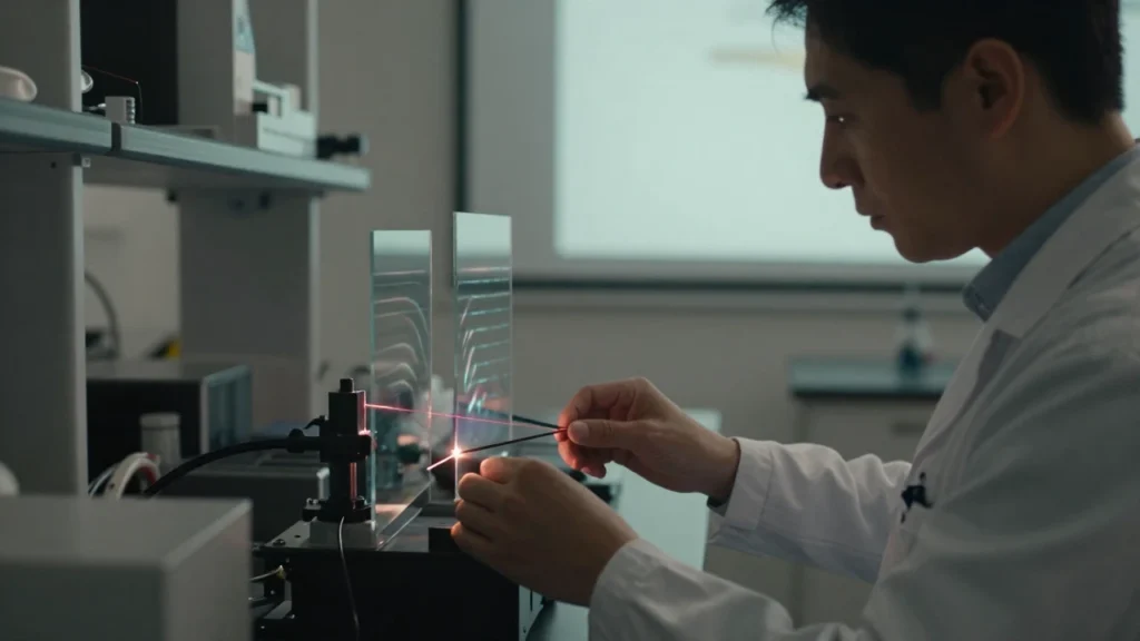 Un investigador ajusta un láser en un laboratorio de física con patrones de interferencia visibles.