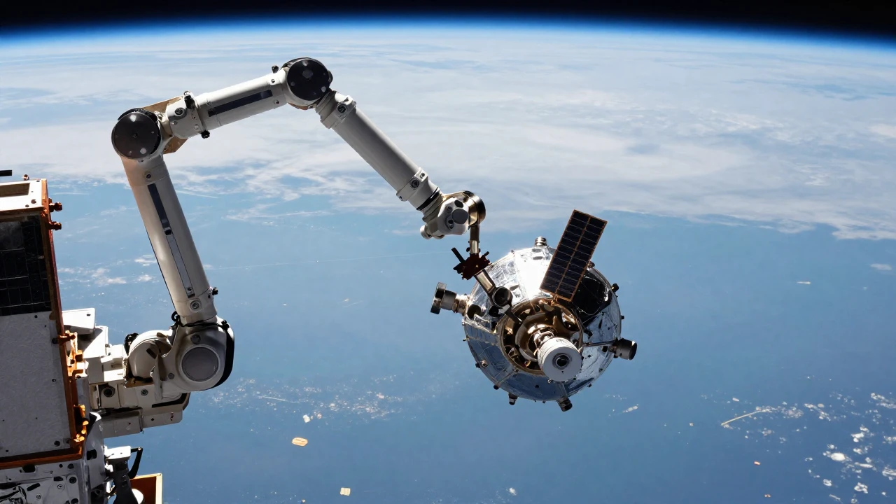 Un brazo robótico captura un satélite averiado en órbita terrestre baja.