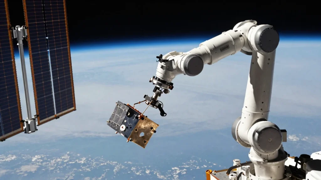 Un brazo robótico satelital captura un panel de satélite desechado en órbita terrestre baja.