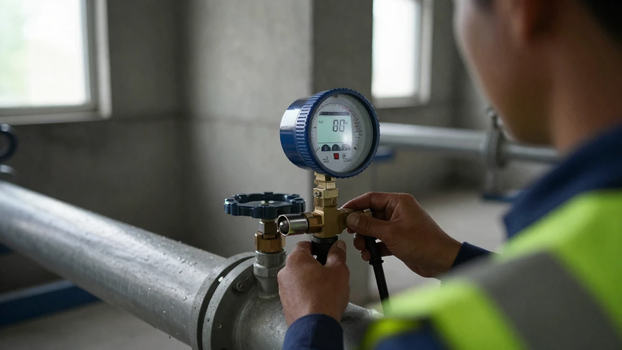 Un técnico instala un caudalímetro digital en una tubería de agua industrial con signos de fuga.