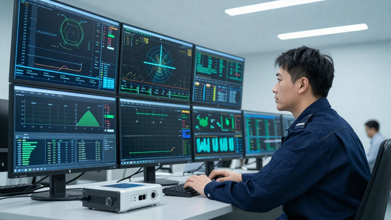 Técnico monitorea datos y redes en un moderno centro de control.