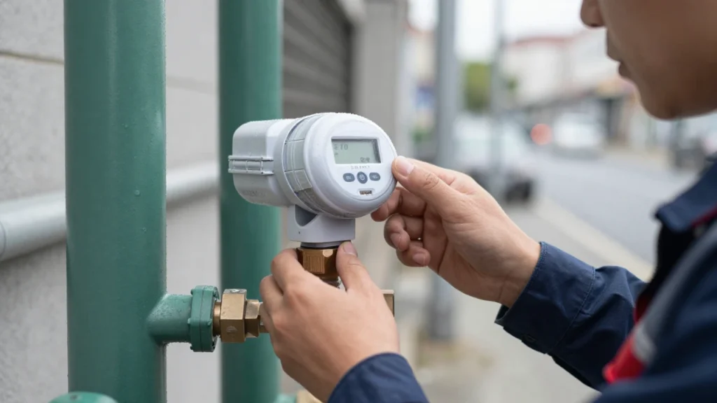 Un técnico revisa la lectura digital de un contador de agua inteligente instalado en una tubería urbana.