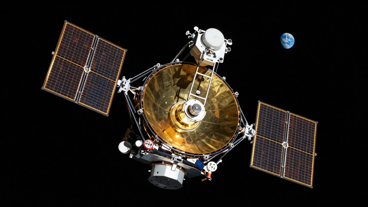 El telescopio espacial James Webb se extiende en el espacio profundo con la Tierra al fondo.