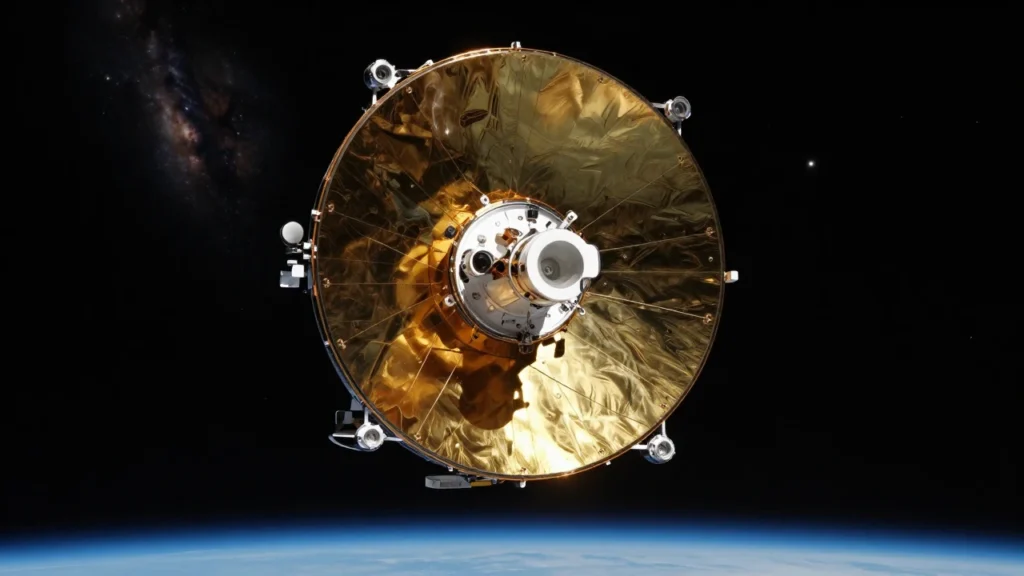 Espejo dorado del telescopio espacial James Webb desplegado en el espacio profundo con galaxias lejanas.