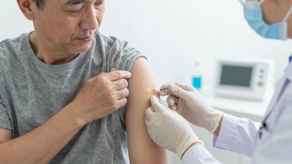 Una persona recibe una vacuna en el brazo en un consultorio médico luminoso.