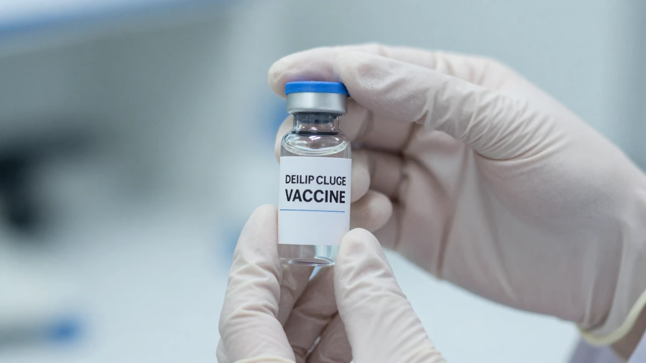 Un científico con guantes sostiene un vial con una vacuna transparente en un laboratorio.