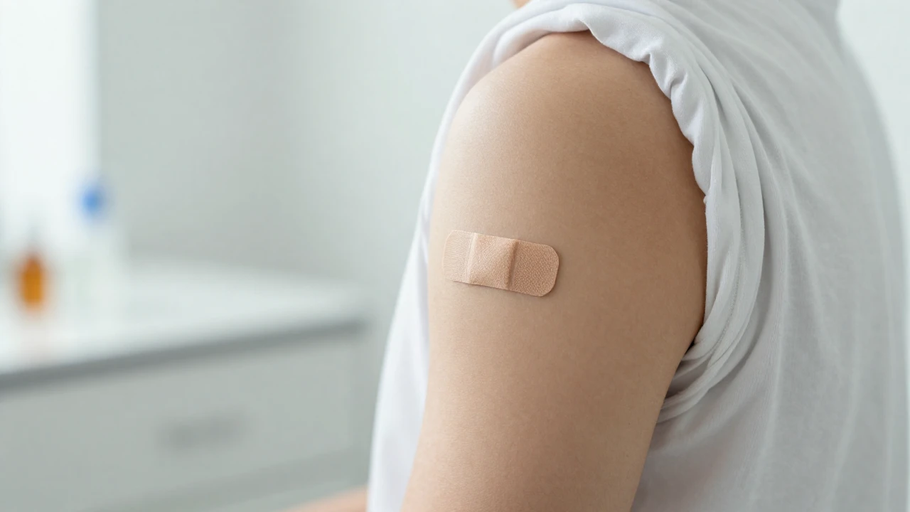 Brazo recién vacunado con un pequeño parche, en un entorno médico limpio.