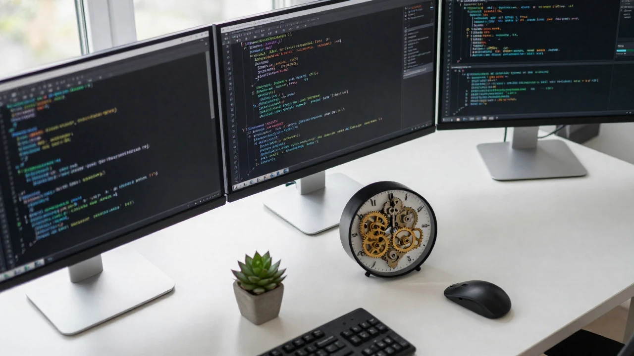 Un escritorio ordenado con código JavaScript en los monitores y un reloj mecánico desmontado.