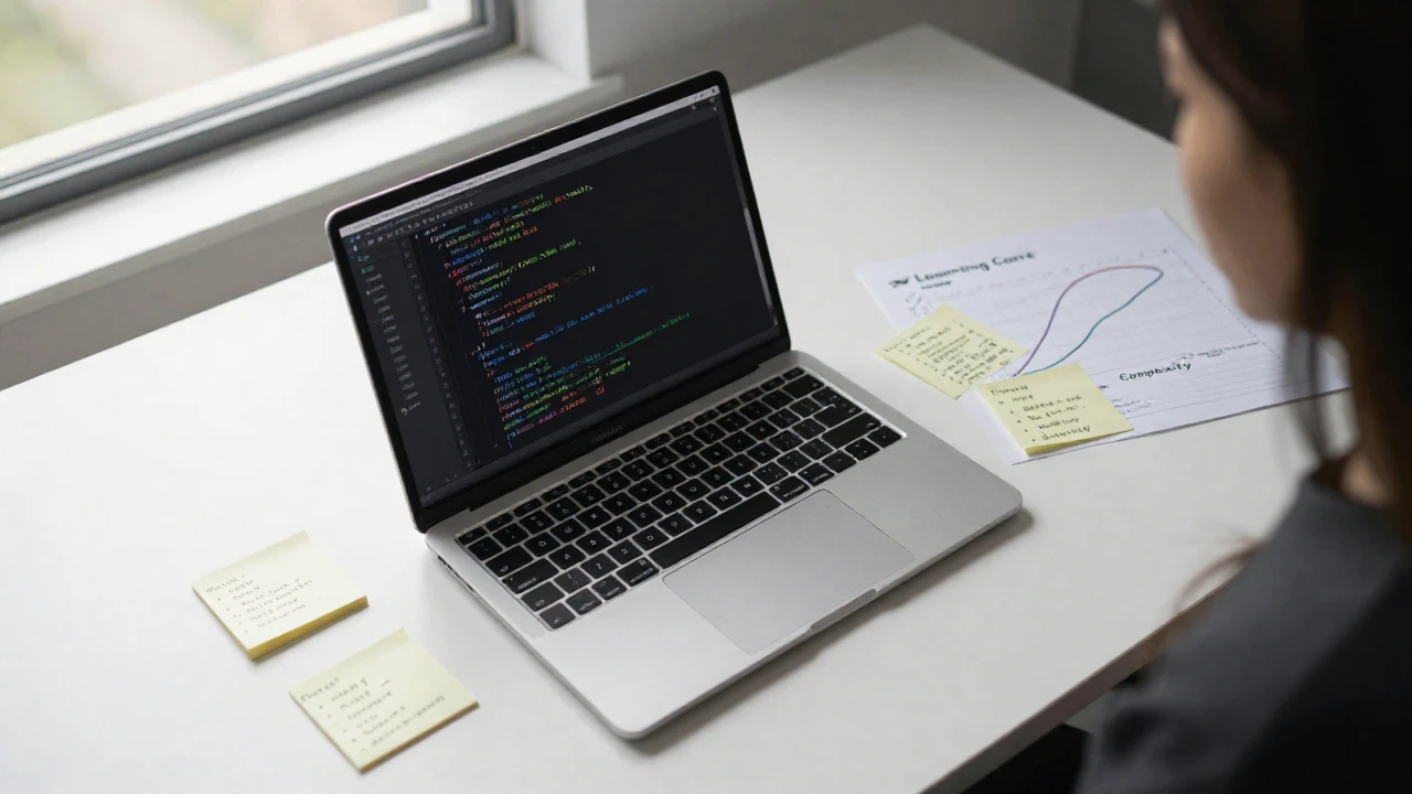 Un escritorio moderno con un portátil mostrando código JavaScript y notas sobre aprendizaje y complejidad.