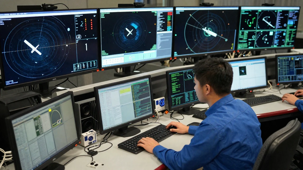 Un ingeniero analiza datos de telemetría en la sala de control de una misión espacial.
