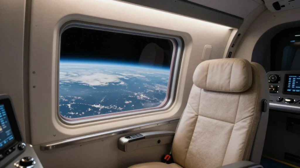 Interior de una nave espacial con un pasajero frente a una ventana que muestra la Tierra.
